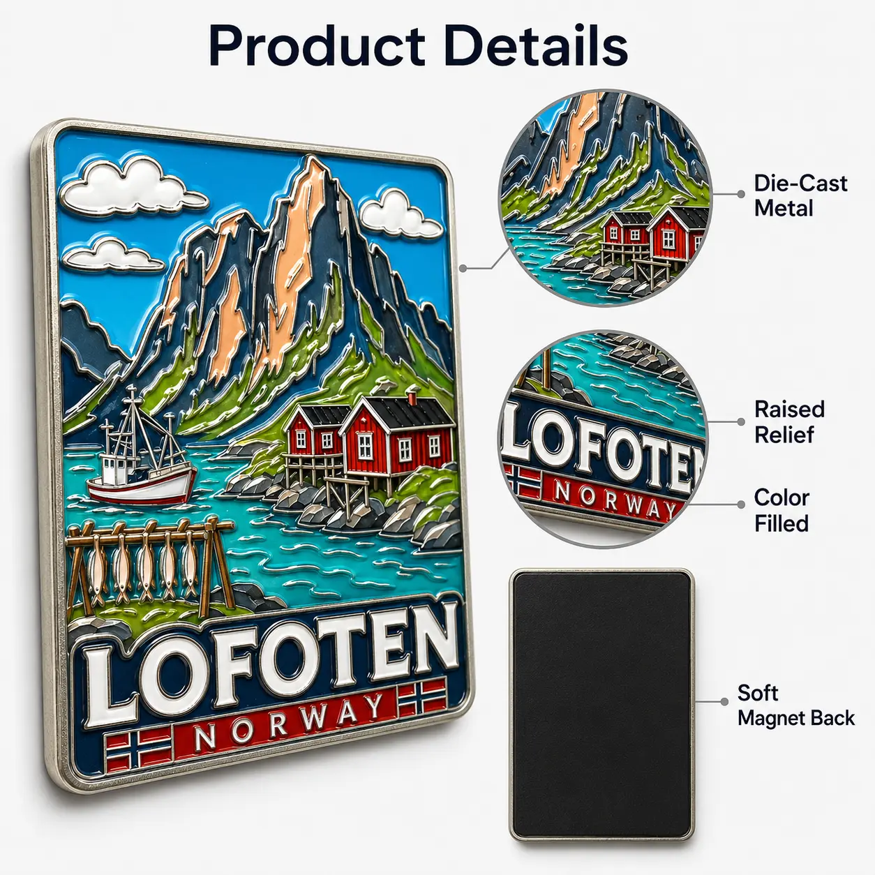 Lofoten metal souvenir magnet details showing die-cast metal, raised relief, color-filled design and soft magnet back