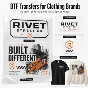 DTF transfers for clothing brands with logo, chest graphic, sleeve mark and apparel graphic examples