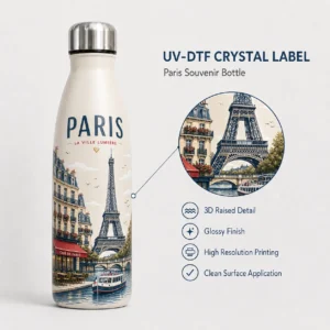 Paris city UV-DTF transfer shown on a cream bottle with Eiffel Tower and riverboat artwork