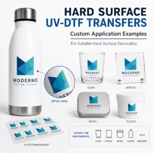 Custom hard surface UV-DTF transfers with bottle, glass, acrylic, metal and plastic application examples