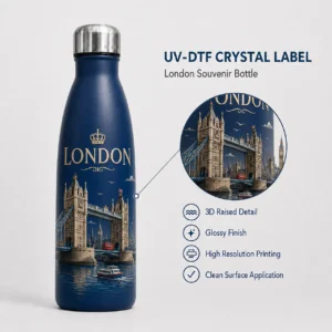 London Tower Bridge UV-DTF transfer shown on a navy bottle with River Thames boat artwork