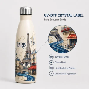 Paris Eiffel Tower UV-DTF transfer shown on a cream bottle with city souvenir artwork