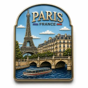 Paris metal souvenir magnet with Eiffel Tower cityscape