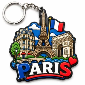 Custom Paris soft PVC souvenir keychain with Eiffel Tower and Paris travel design