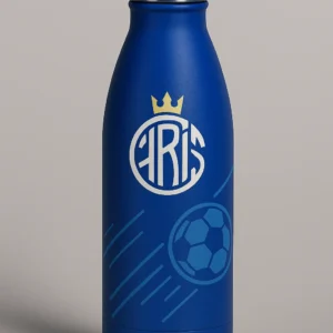 Blue water bottle with crown soccer monogram design