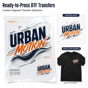 Ready-to-press DTF transfer sheet with custom apparel graphic and T-shirt application example