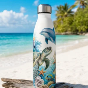 Water bottle with sea turtle, dolphin and coral reef ocean artwork on a beach-style background