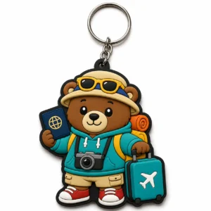 Custom travel bear 3D soft PVC collectible keychain with backpack, camera and suitcase design