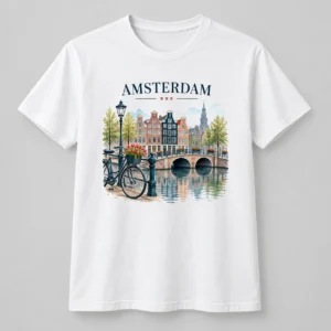 Custom Amsterdam souvenir T-shirt with canal houses, bicycle, bridge and tulip design