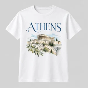 Custom Athens souvenir T-shirt with Parthenon, Acropolis and olive branch artwork