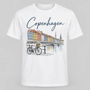 Custom Copenhagen souvenir T-shirt featuring Nyhavn colorful houses, sailboats and bicycle artwork