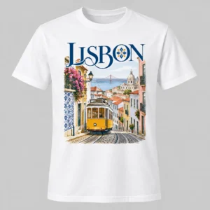 Custom Lisbon souvenir T-shirt with yellow tram and Portuguese tile artwork