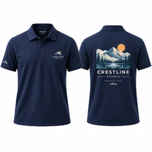 Navy custom DTF printed polo shirt with chest logo, mountain back graphic and sleeve branding