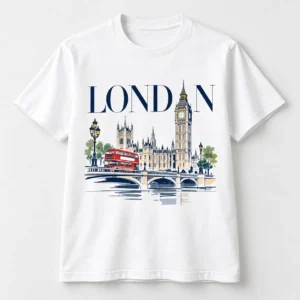 Custom London souvenir T-shirt with Big Ben and red bus design