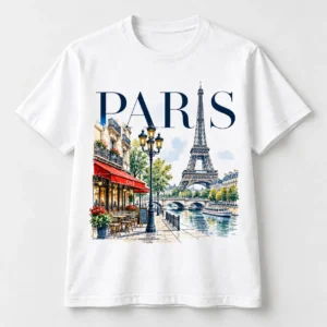 Custom Paris souvenir T-shirt with Eiffel Tower and cafe design
