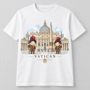Custom Vatican souvenir T-shirt with St. Peter's Basilica and Swiss Guard illustration