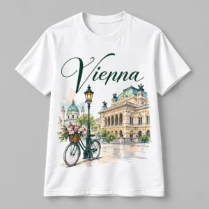 Custom Vienna souvenir T-shirt with historic architecture, bicycle and floral illustration
